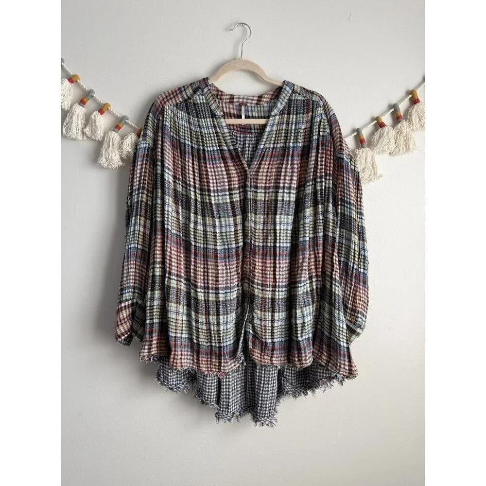 Free People Come On Over Multicolor Plaid Pleated Flowy Oversized Top Boho S